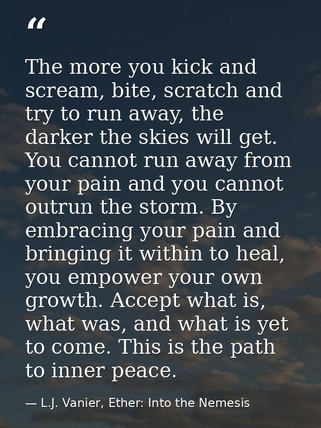 The more you kick and scream, bite, scratch and try to run away, the darker the skies will get. You cannot run away from — L.J. Vanier, Ether: Into the Nemesis