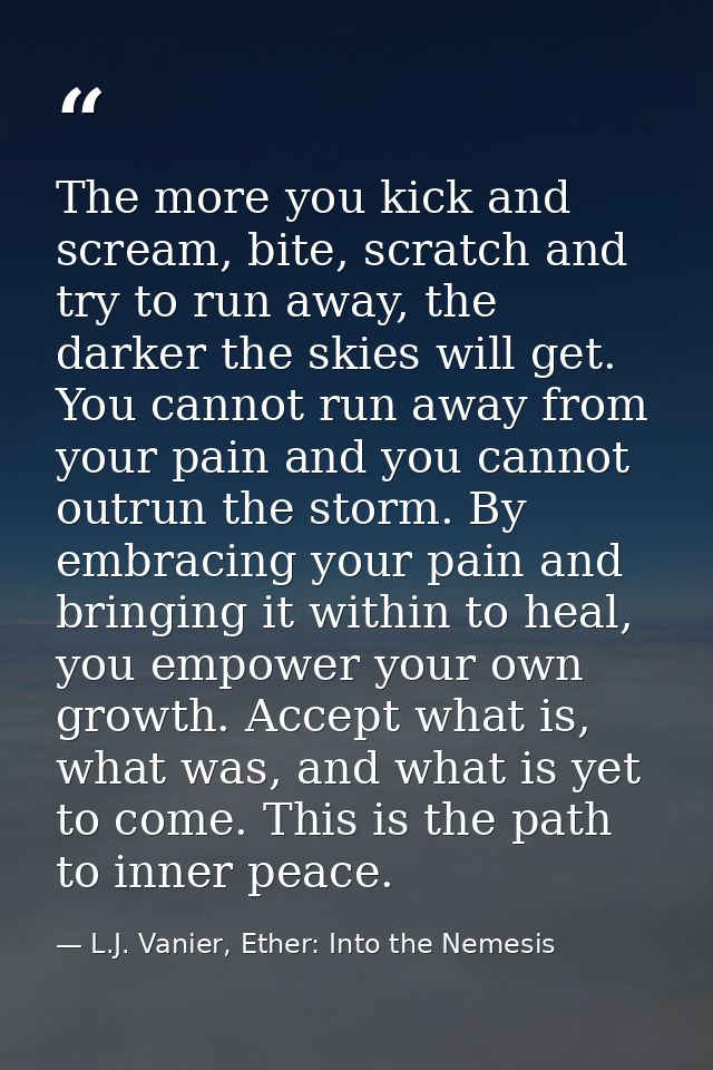 The more you kick and scream, bite, scratch and try to run away, the darker the skies will get. You cannot run away from — L.J. Vanier, Ether: Into the Nemesis