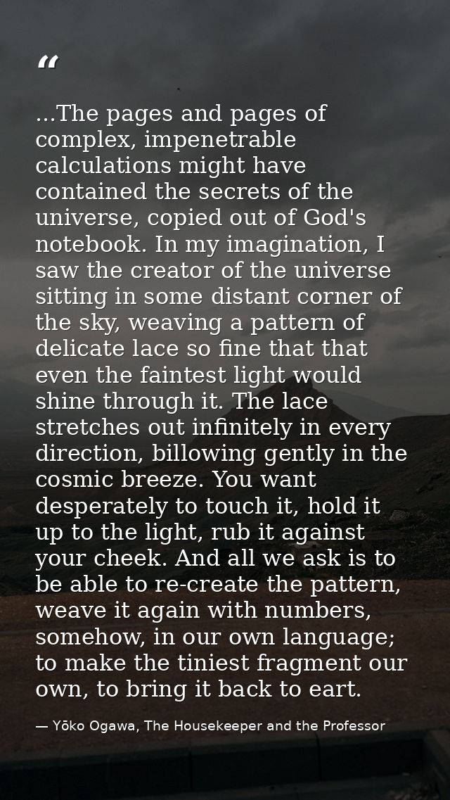 ...The pages and pages of complex, impenetrable calculations might have contained the secrets of the universe, copied ou — Yōko Ogawa, The Housekeeper and the Professor