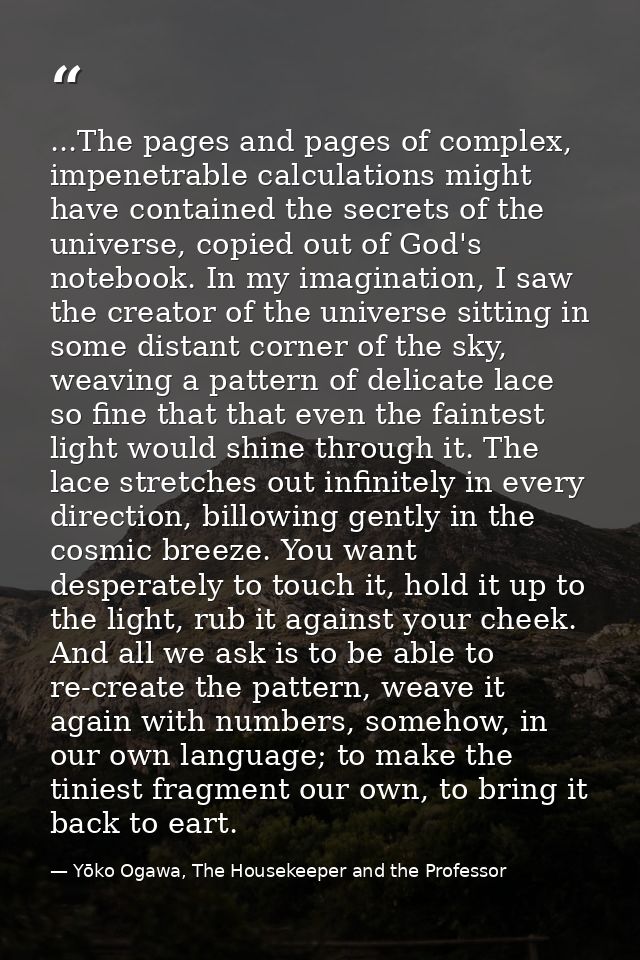 ...The pages and pages of complex, impenetrable calculations might have contained the secrets of the universe, copied ou — Yōko Ogawa, The Housekeeper and the Professor