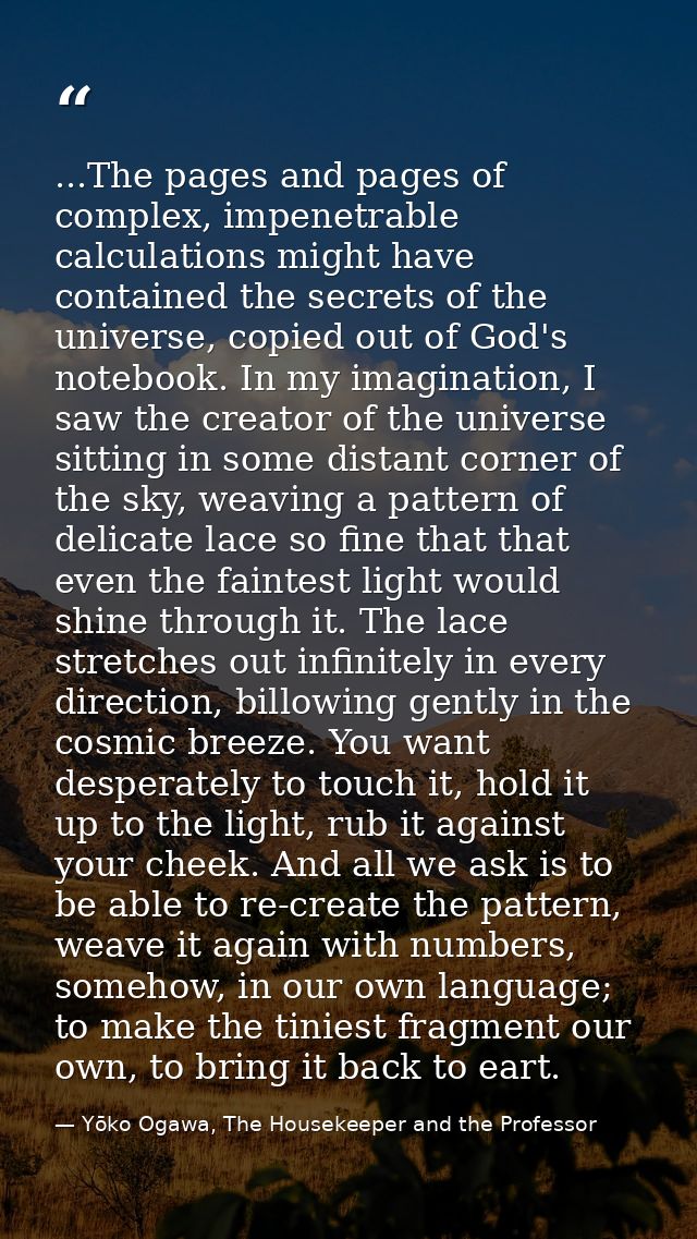 ...The pages and pages of complex, impenetrable calculations might have contained the secrets of the universe, copied ou — Yōko Ogawa, The Housekeeper and the Professor