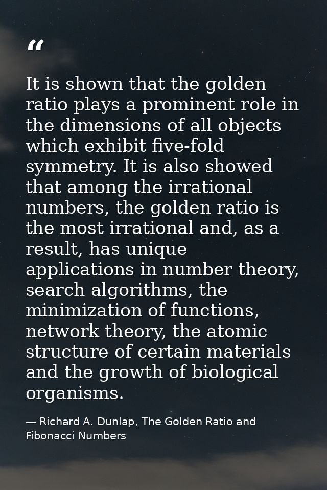 It is shown that the golden ratio plays a prominent role in the dimensions of all objects which exhibit five-fold symmet — Richard A. Dunlap, The Golden Ratio and Fibonacci Numbers