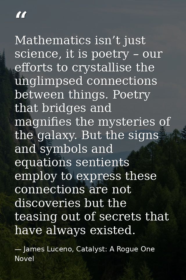 Mathematics isn’t just science, it is poetry – our efforts to crystallise the unglimpsed connections between things. Poe — James Luceno, Catalyst: A Rogue One Novel