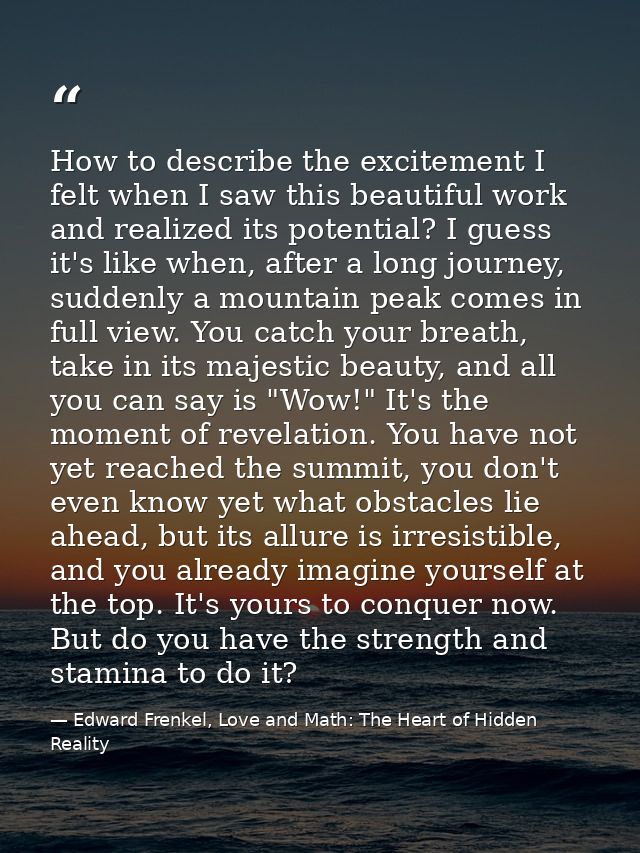 How to describe the excitement I felt when I saw this beautiful work and realized its potential? I guess it's like when, — Edward Frenkel, Love and Math: The Heart of Hidden Reality
