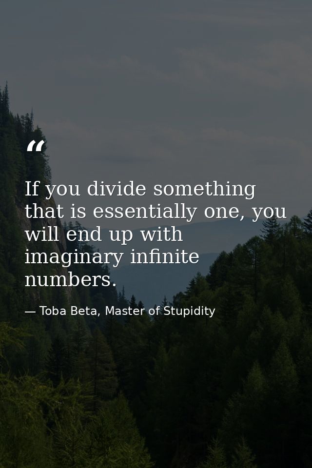 If you divide something that is essentially one, you will end up with imaginary infinite numbers. — Toba Beta, Master of Stupidity