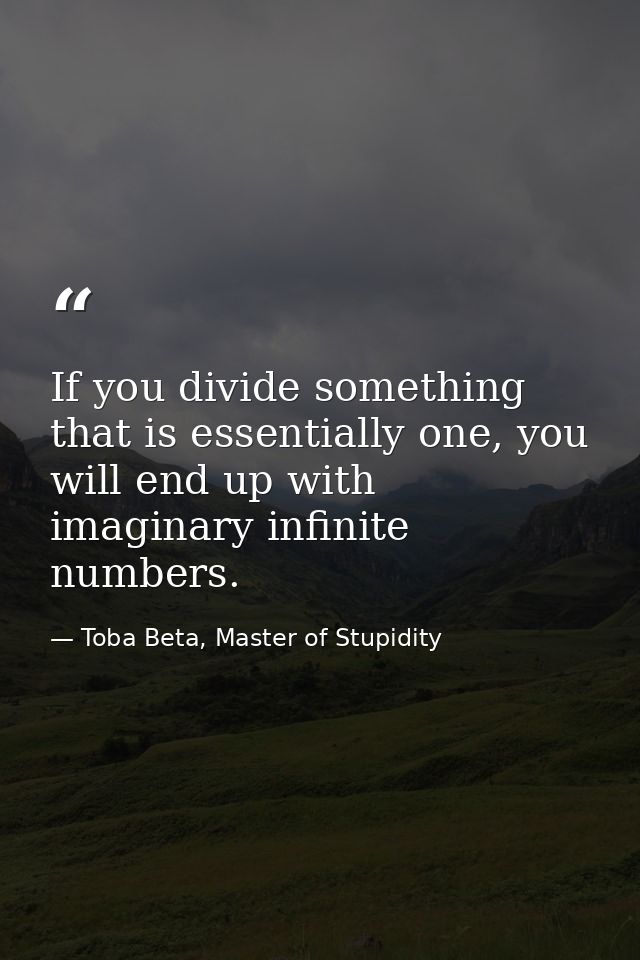 If you divide something that is essentially one, you will end up with imaginary infinite numbers. — Toba Beta, Master of Stupidity