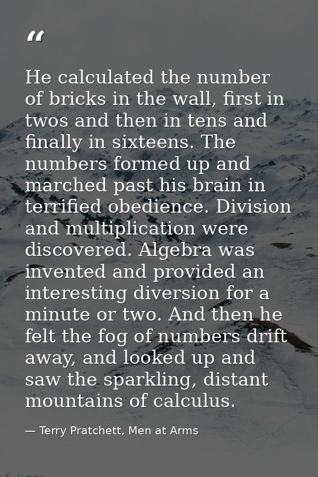 He calculated the number of bricks in the wall, first in twos and then in tens and finally in sixteens. The numbers form — Terry Pratchett, Men at Arms