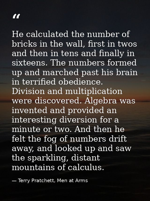 He calculated the number of bricks in the wall, first in twos and then in tens and finally in sixteens. The numbers form — Terry Pratchett, Men at Arms