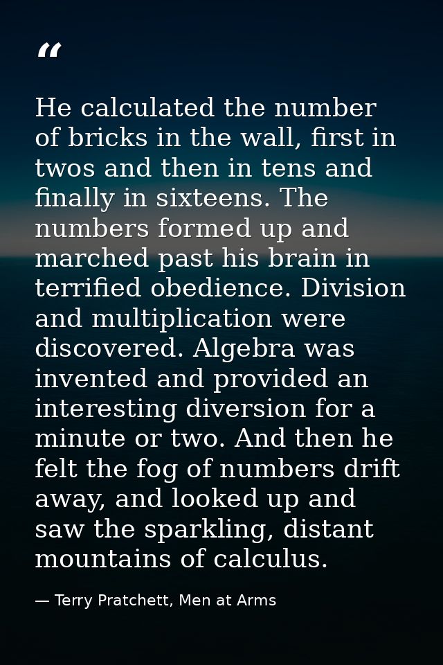 He calculated the number of bricks in the wall, first in twos and then in tens and finally in sixteens. The numbers form — Terry Pratchett, Men at Arms