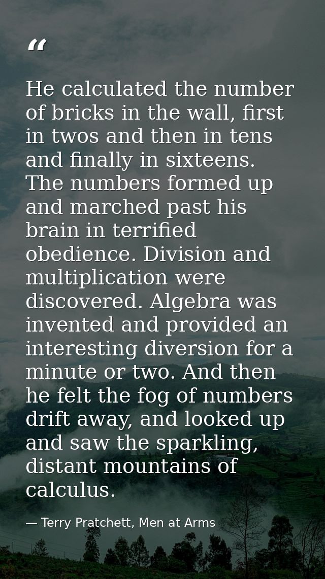 He calculated the number of bricks in the wall, first in twos and then in tens and finally in sixteens. The numbers form — Terry Pratchett, Men at Arms