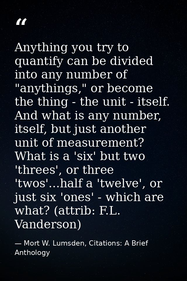 Anything you try to quantify can be divided into any number of "anythings," or become the thing - the unit - itself. And — Mort W. Lumsden, Citations: A Brief Anthology