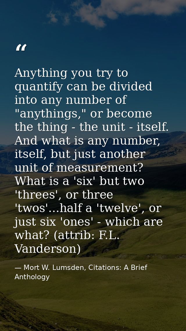 Anything you try to quantify can be divided into any number of "anythings," or become the thing - the unit - itself. And — Mort W. Lumsden, Citations: A Brief Anthology