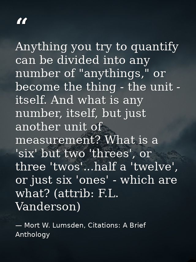 Anything you try to quantify can be divided into any number of "anythings," or become the thing - the unit - itself. And — Mort W. Lumsden, Citations: A Brief Anthology