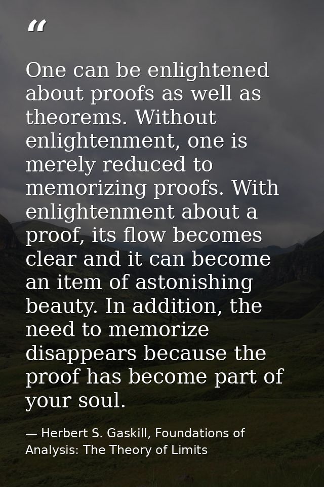 One can be enlightened about proofs as well as theorems. Without enlightenment, one is merely reduced to memorizing proo — Herbert S. Gaskill, Foundations of Analysis: The Theory of Limits