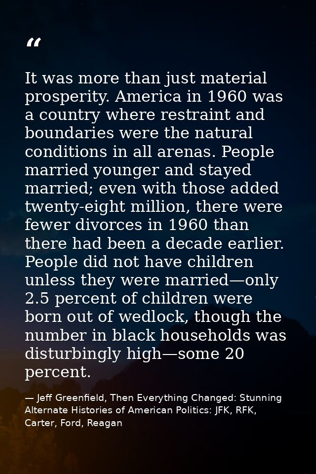 It was more than just material prosperity. America in 1960 was a country where restraint and boundaries were the natural — Jeff Greenfield, Then Everything Changed: Stunning Alternate Histories of American Politics: JFK, RFK, Carter, Ford, Reagan