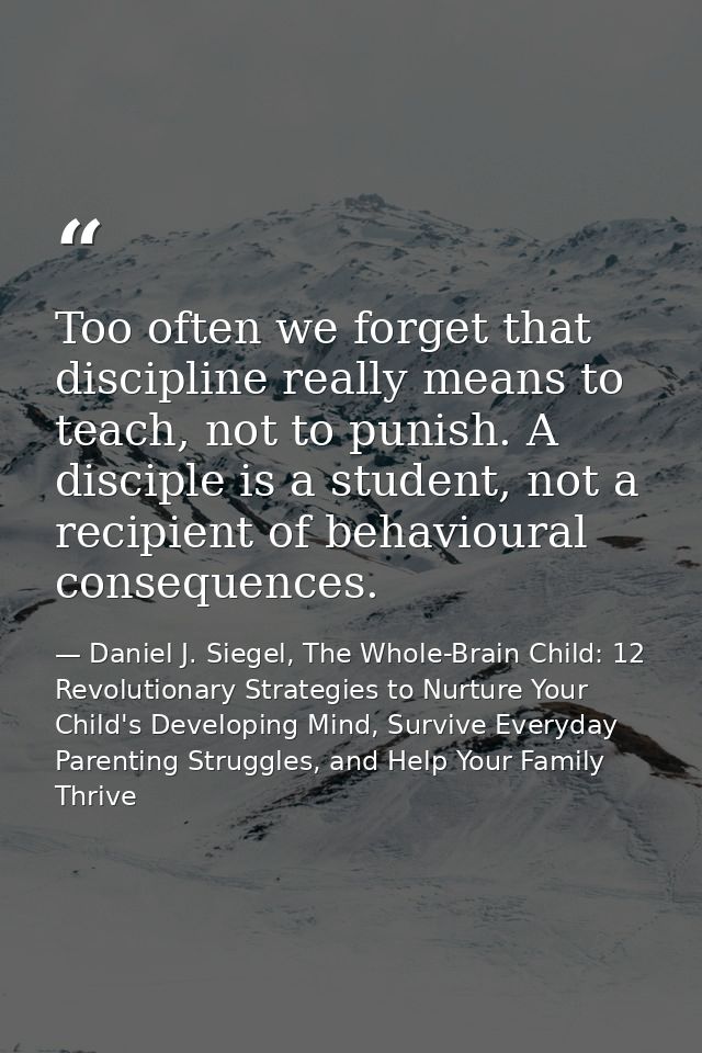 Too often we forget that discipline really means to teach, not to punish. A disciple is a student, not a recipient of be — Daniel J. Siegel, The Whole-Brain Child: 12 Revolutionary Strategies to Nurture Your Child's Developing Mind, Survive Everyday Parenting Struggles, and Help Your Family Thrive