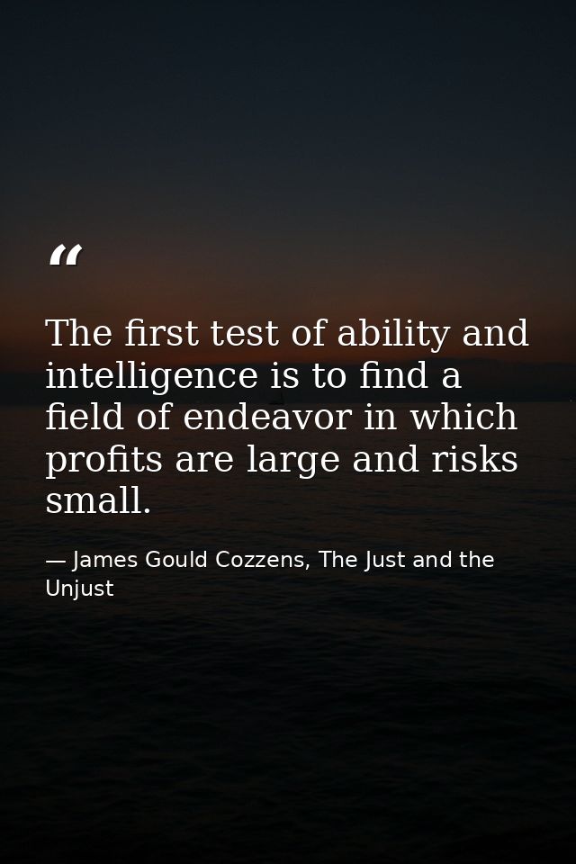 The first test of ability and intelligence is to find a field of endeavor in which profits are large and risks small. — James Gould Cozzens, The Just and the Unjust