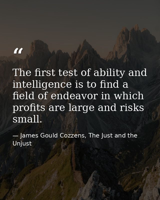 The first test of ability and intelligence is to find a field of endeavor in which profits are large and risks small. — James Gould Cozzens, The Just and the Unjust