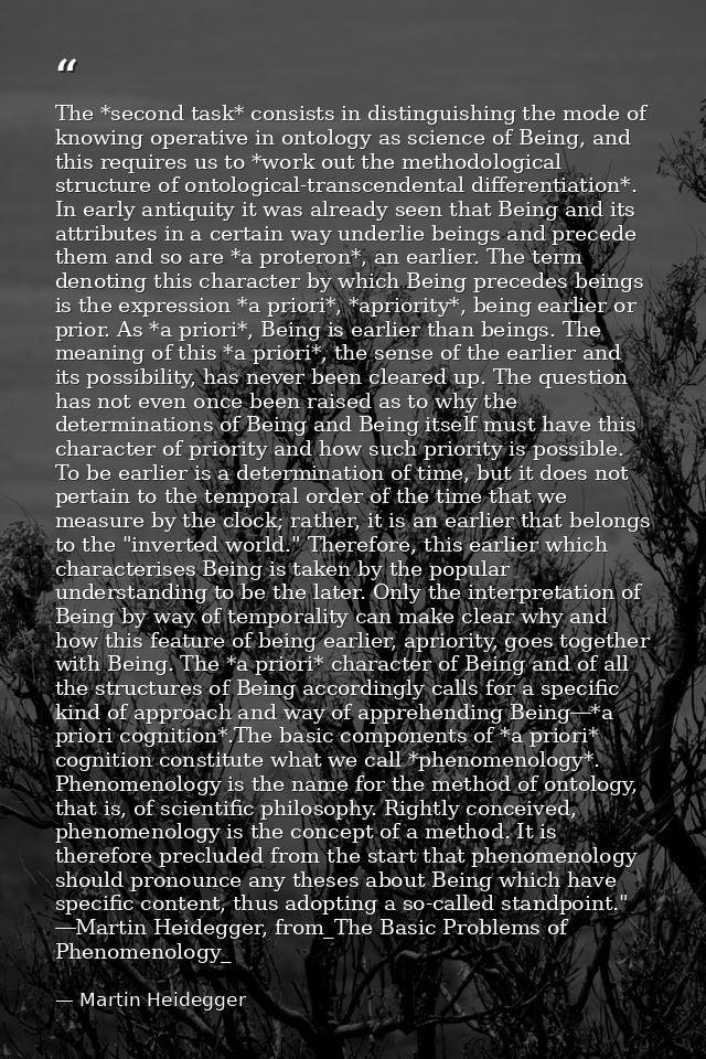 The *second task* consists in distinguishing the mode of knowing operative in ontology as science of Being, and this req — Martin Heidegger