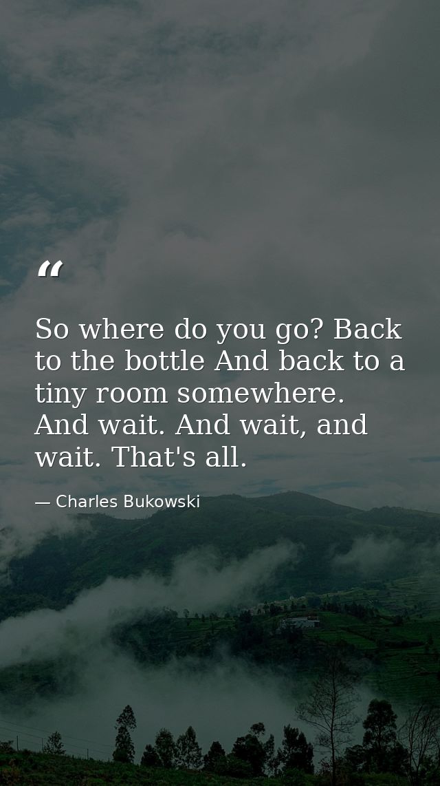 So where do you go? Back to the bottle And back to a tiny room somewhere. And wait. And wait, and wait. That's all. — Charles Bukowski