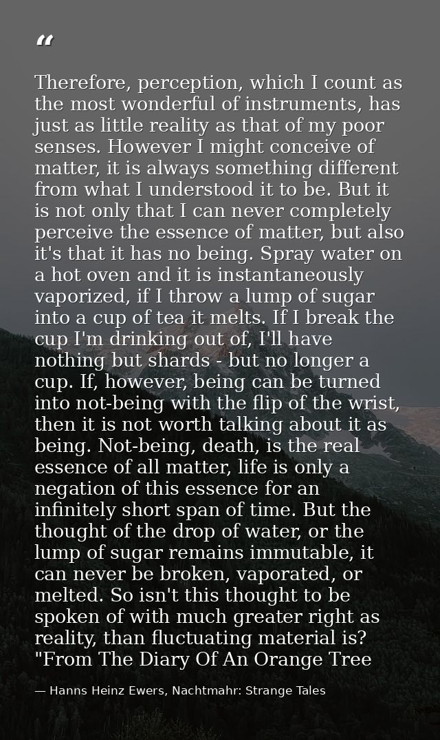 Therefore, perception, which I count as the most wonderful of instruments, has just as little reality as that of my poor — Hanns Heinz Ewers, Nachtmahr: Strange Tales