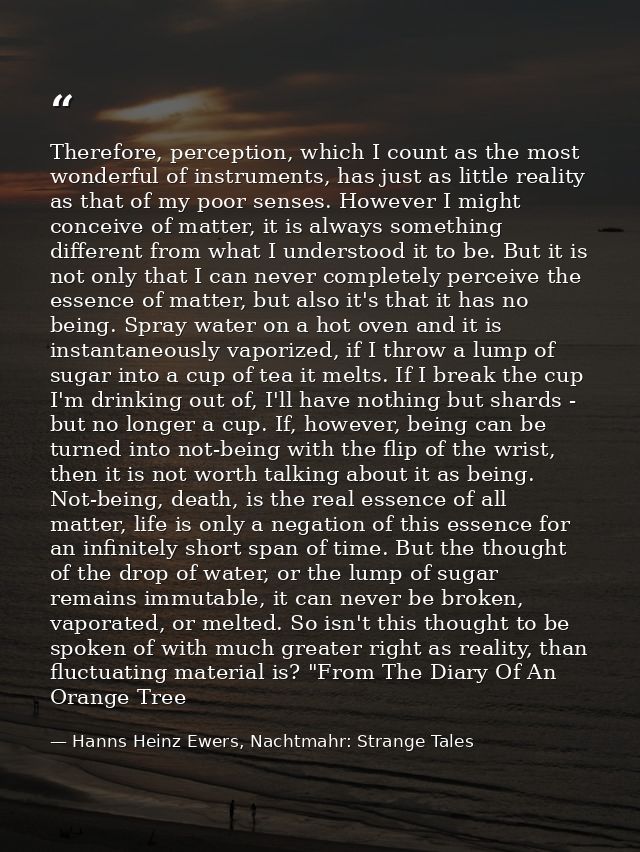 Therefore, perception, which I count as the most wonderful of instruments, has just as little reality as that of my poor — Hanns Heinz Ewers, Nachtmahr: Strange Tales