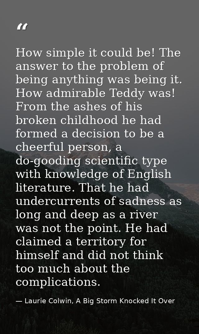 How simple it could be! The answer to the problem of being anything was being it. How admirable Teddy was! From the ashe — Laurie Colwin, A Big Storm Knocked It Over