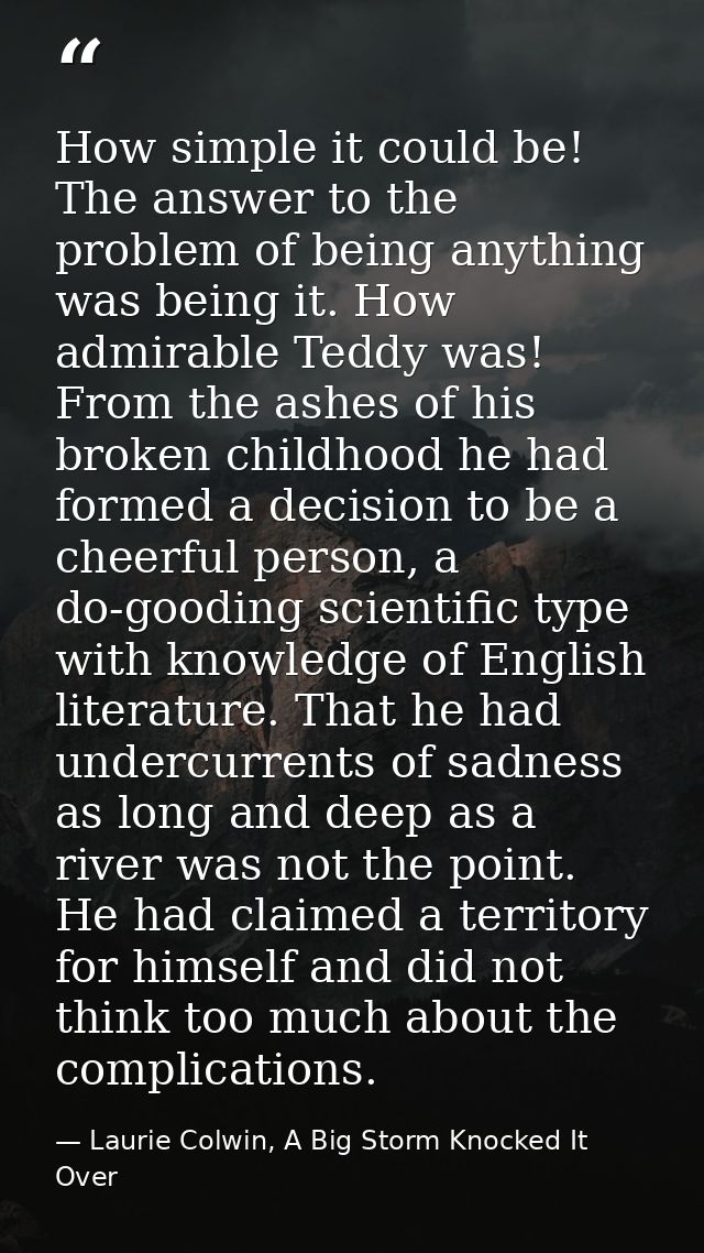 How simple it could be! The answer to the problem of being anything was being it. How admirable Teddy was! From the ashe — Laurie Colwin, A Big Storm Knocked It Over