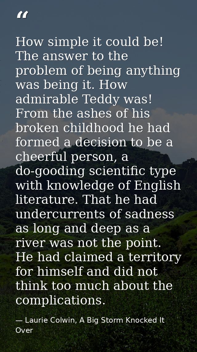 How simple it could be! The answer to the problem of being anything was being it. How admirable Teddy was! From the ashe — Laurie Colwin, A Big Storm Knocked It Over