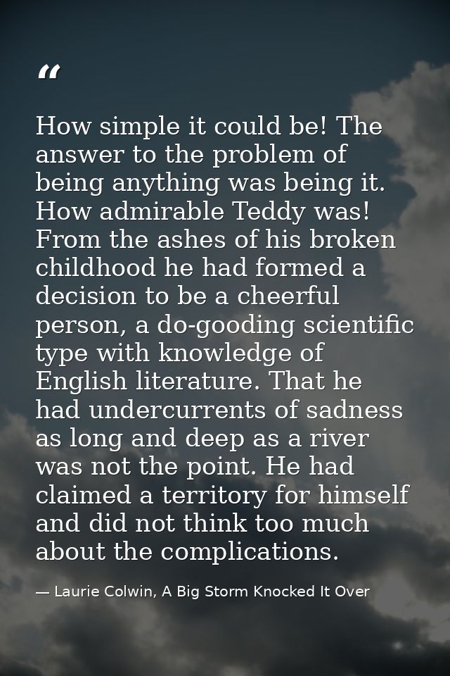 How simple it could be! The answer to the problem of being anything was being it. How admirable Teddy was! From the ashe — Laurie Colwin, A Big Storm Knocked It Over