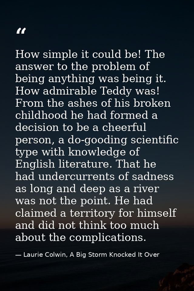 How simple it could be! The answer to the problem of being anything was being it. How admirable Teddy was! From the ashe — Laurie Colwin, A Big Storm Knocked It Over