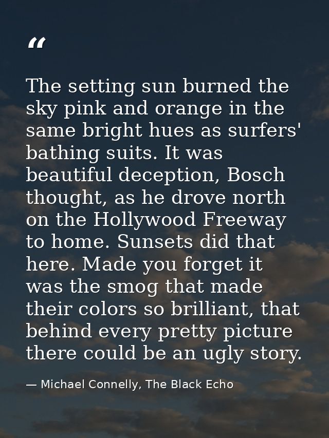 The setting sun burned the sky pink and orange in the same bright hues as surfers' bathing suits. It was beautiful decep — Michael Connelly, The Black Echo
