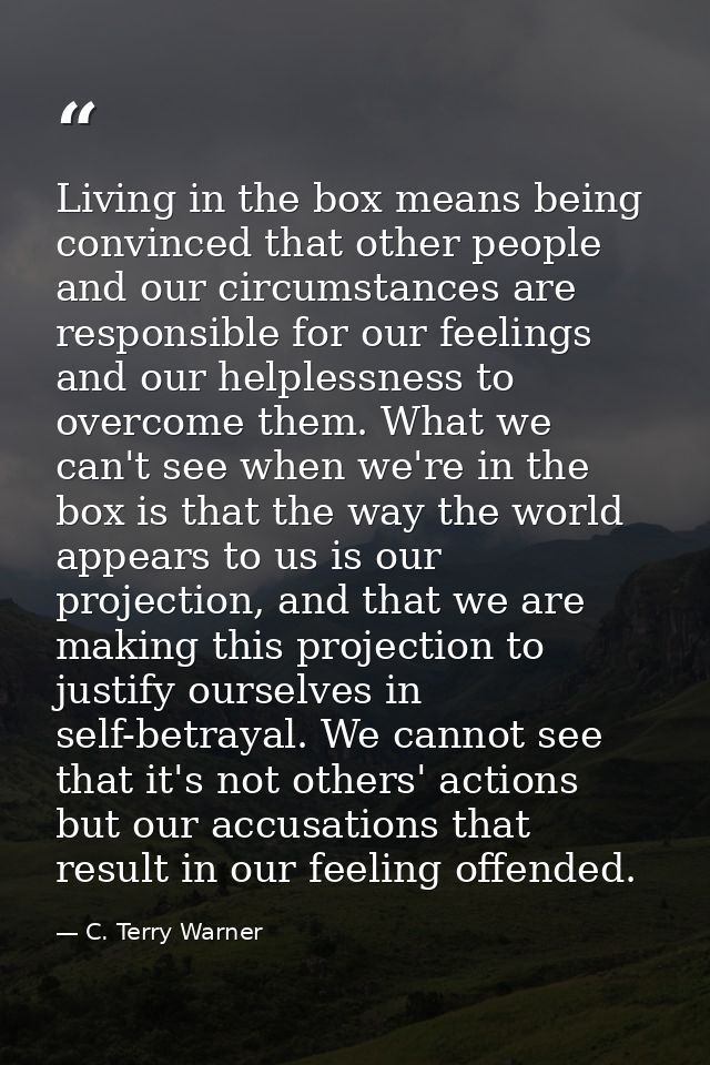 Living in the box means being convinced that other people and our circumstances are responsible for our feelings and our — C. Terry Warner