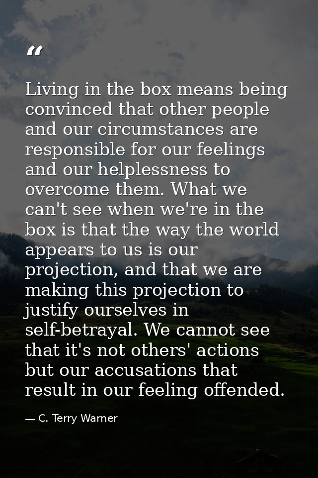 Living in the box means being convinced that other people and our circumstances are responsible for our feelings and our — C. Terry Warner