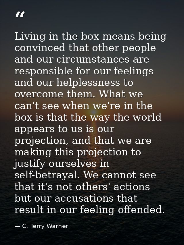 Living in the box means being convinced that other people and our circumstances are responsible for our feelings and our — C. Terry Warner