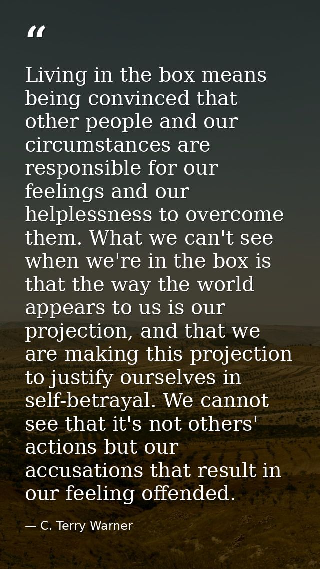 Living in the box means being convinced that other people and our circumstances are responsible for our feelings and our — C. Terry Warner