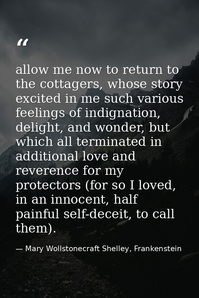 allow me now to return to the cottagers, whose story excited in me such various feelings of indignation, delight, and wo — Mary Wollstonecraft Shelley, Frankenstein