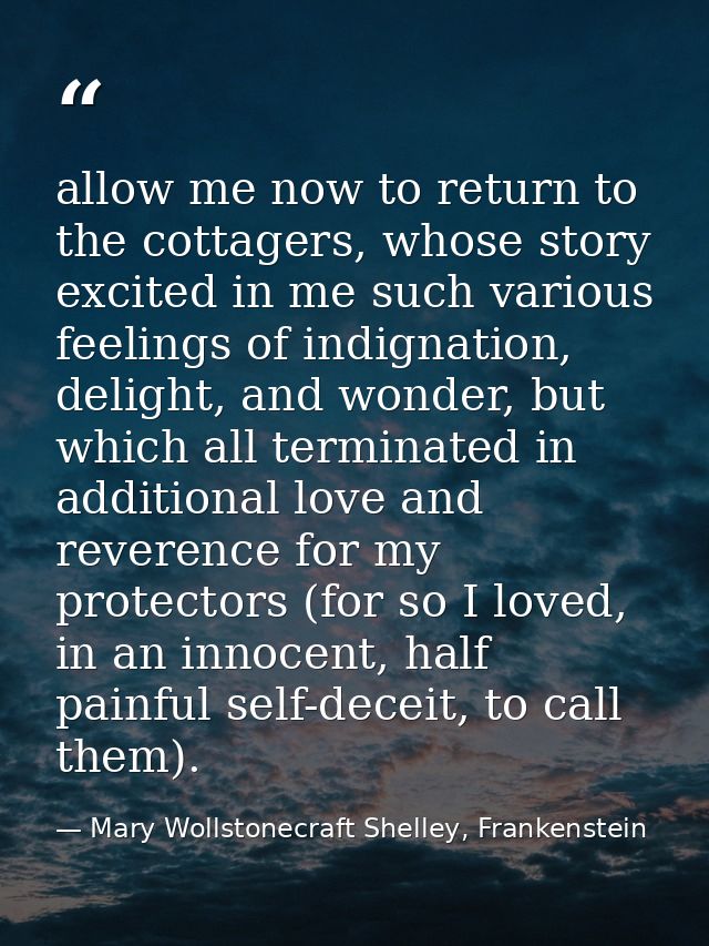 allow me now to return to the cottagers, whose story excited in me such various feelings of indignation, delight, and wo — Mary Wollstonecraft Shelley, Frankenstein