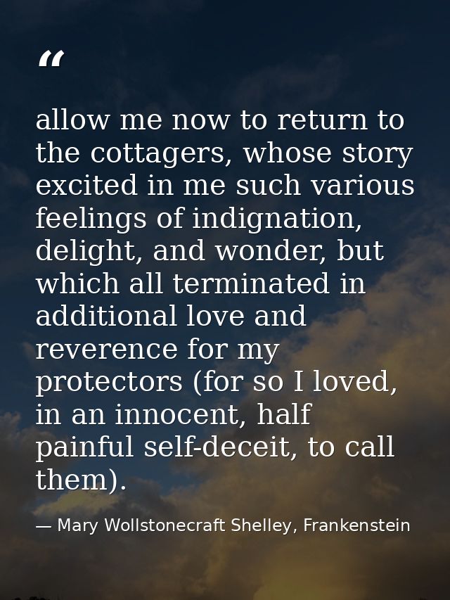 allow me now to return to the cottagers, whose story excited in me such various feelings of indignation, delight, and wo — Mary Wollstonecraft Shelley, Frankenstein