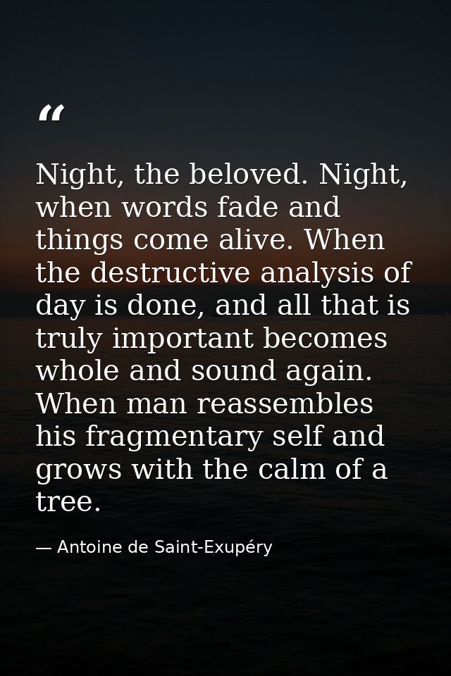 Night, the beloved. Night, when words fade and things come alive. When the destructive analysis of day is done, and all  — Antoine de Saint-Exupéry