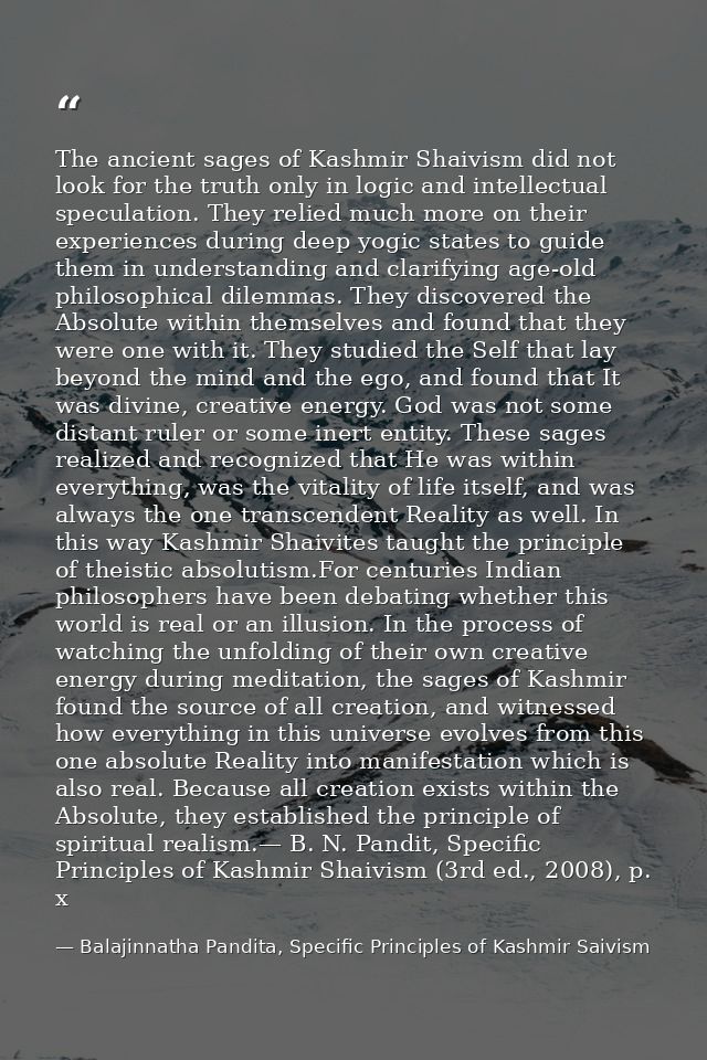 The ancient sages of Kashmir Shaivism did not look for the truth only in logic and intellectual speculation. They relied — Balajinnatha Pandita, Specific Principles of Kashmir Saivism