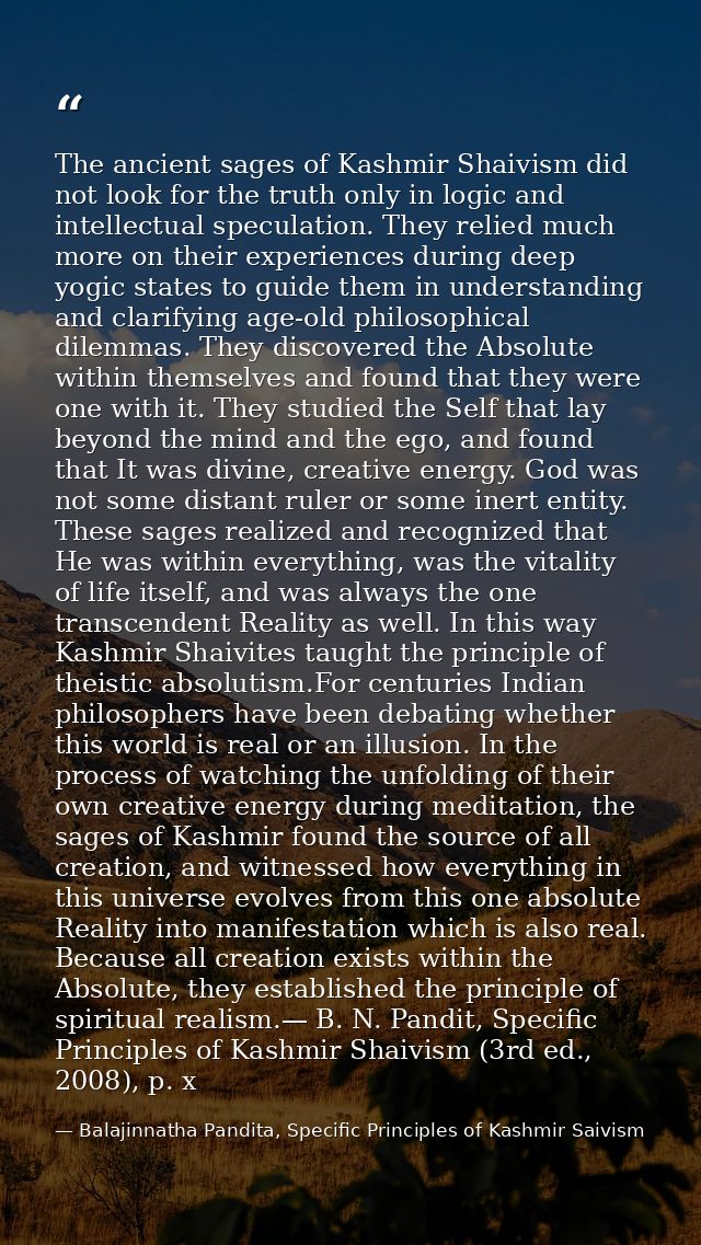 The ancient sages of Kashmir Shaivism did not look for the truth only in logic and intellectual speculation. They relied — Balajinnatha Pandita, Specific Principles of Kashmir Saivism