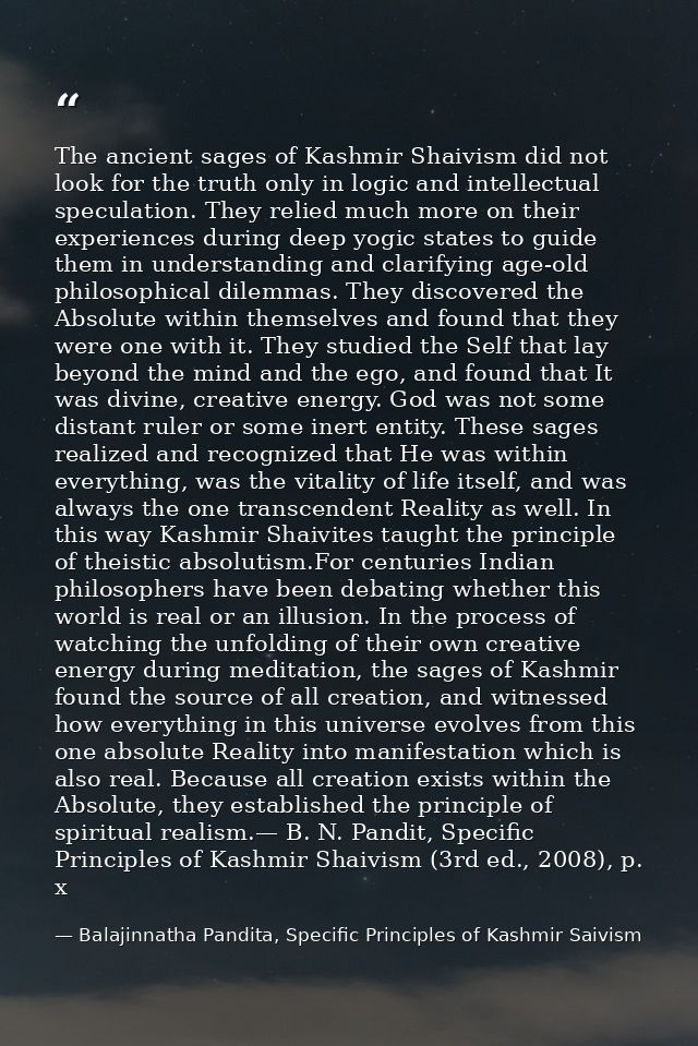 The ancient sages of Kashmir Shaivism did not look for the truth only in logic and intellectual speculation. They relied — Balajinnatha Pandita, Specific Principles of Kashmir Saivism