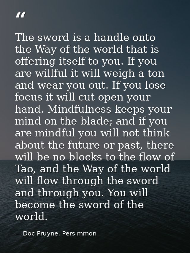 The sword is a handle onto the Way of the world that is offering itself to you. If you are willful it will weigh a ton a — Doc Pruyne, Persimmon