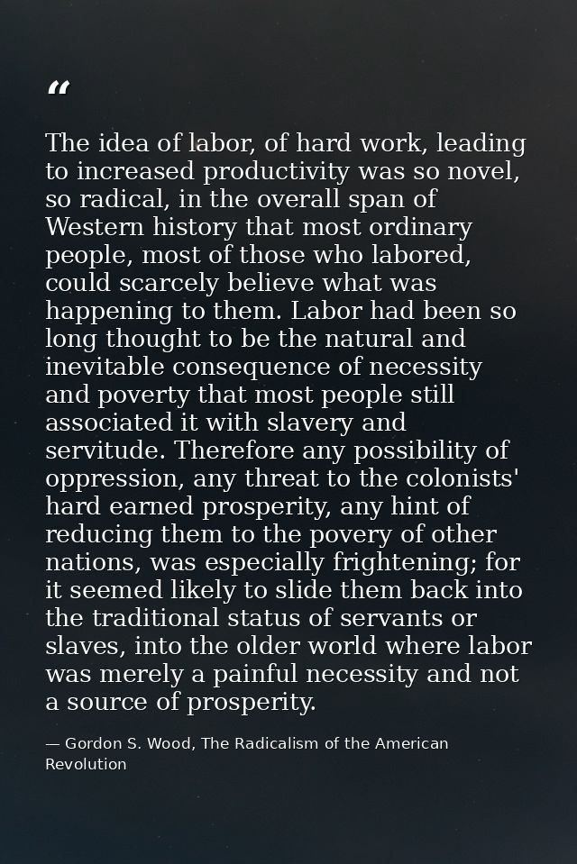 The idea of labor, of hard work, leading to increased productivity was so novel, so radical, in the overall span of West — Gordon S. Wood, The Radicalism of the American Revolution