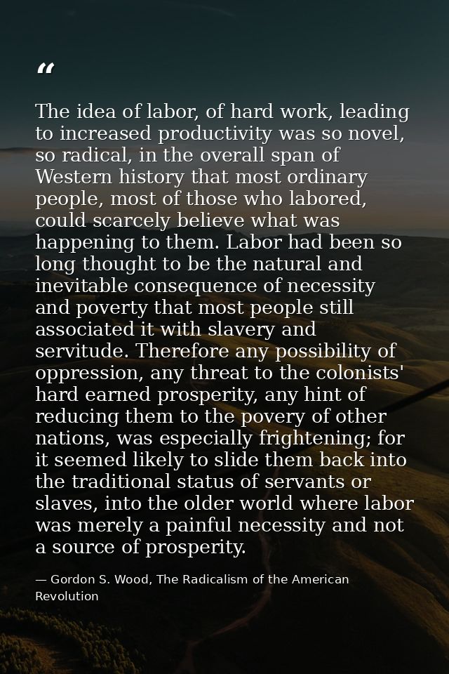 The idea of labor, of hard work, leading to increased productivity was so novel, so radical, in the overall span of West — Gordon S. Wood, The Radicalism of the American Revolution