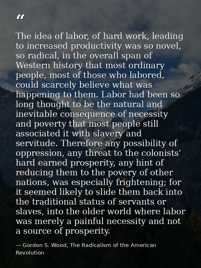 The idea of labor, of hard work, leading to increased productivity was so novel, so radical, in the overall span of West — Gordon S. Wood, The Radicalism of the American Revolution