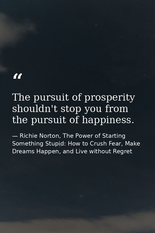 The pursuit of prosperity shouldn't stop you from the pursuit of happiness. — Richie Norton, The Power of Starting Something Stupid: How to Crush Fear, Make Dreams Happen, and Live without Regret