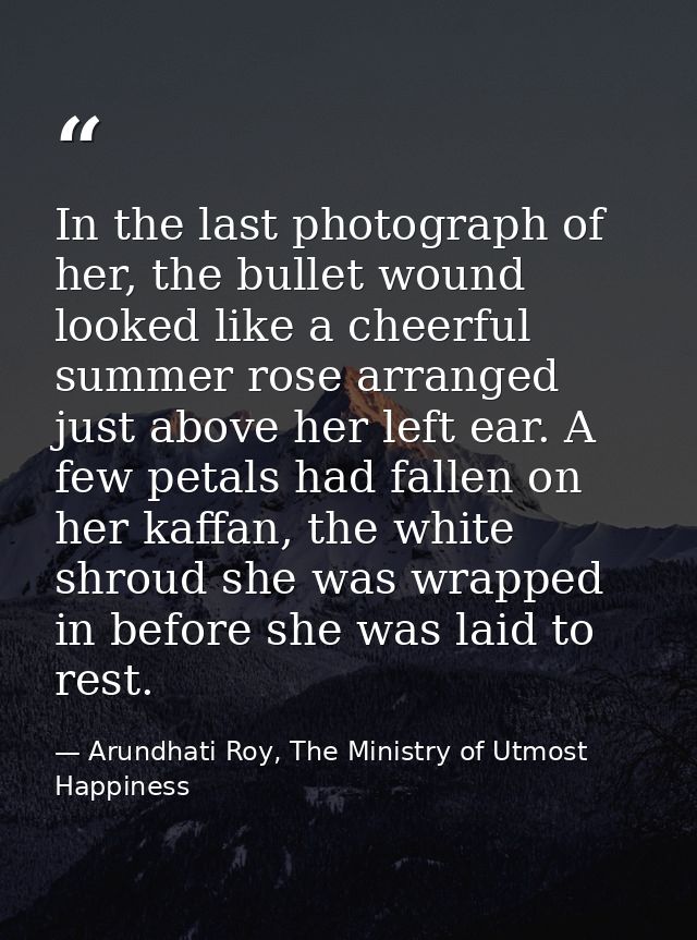 In the last photograph of her, the bullet wound looked like a cheerful summer rose arranged just above her left ear. A f — Arundhati Roy, The Ministry of Utmost Happiness