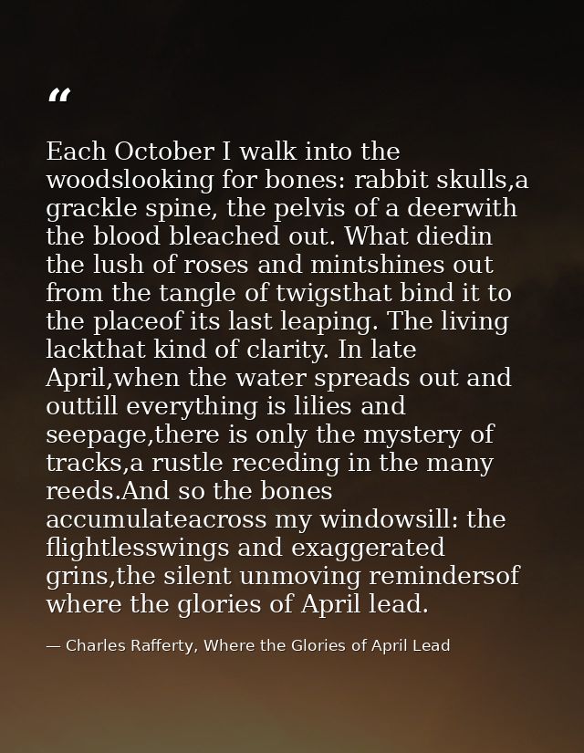 Each October I walk into the woodslooking for bones: rabbit skulls,a grackle spine, the pelvis of a deerwith the blood b — Charles Rafferty, Where the Glories of April Lead